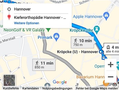 Route zum Kieferorthopäden Dr. Entrup für Patienten aus Hannover Mitte