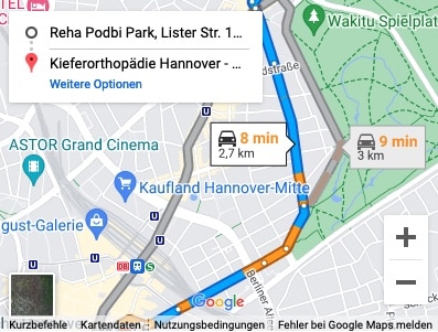 Route to the orthodontist Dr. Entrup for patients from Hannover Podbi