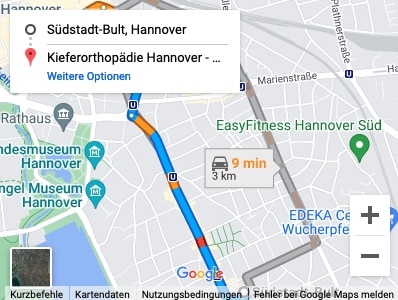 Ruta al ortodoncista Dr. Entrup para pacientes de Hannover Südstadt